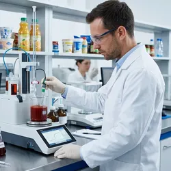 Automated titrator analyzing acidity in processed foods like sauces and juices in a food science lab.