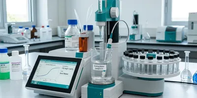 Automated titration system measuring drinking water hardness 135 mg/L CaCO3, hard water classification.
