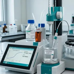Automated titration system measuring drinking water hardness 135 mg/L CaCO3, hard water classification.