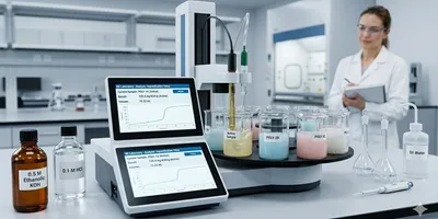 Automated titrator determining saponification value in a modern quality control laboratory.