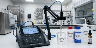A generic digital pH meter on a laboratory bench, with its electrode submerged in a beaker of clear pH 7.00 buffer solution. The screen displays a reading of 7.00 pH and 25.0°C. Beside it are bottles of pH 4.01 and 10.01 calibration buffers, deionized water, and storage solution.