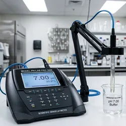 A generic digital pH meter on a laboratory bench, with its electrode submerged in a beaker of clear pH 7.00 buffer solution. The screen displays a reading of 7.00 pH and 25.0°C. Beside it are bottles of pH 4.01 and 10.01 calibration buffers, deionized water, and storage solution.