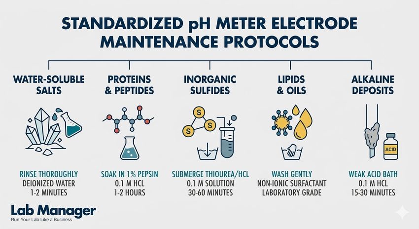 An infographic by Lab Manager titled "Standardized pH Meter Electrode Maintenance Protocols."