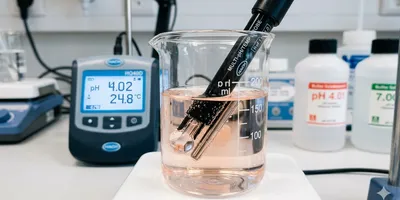 A macro photograph captures the tip of a multi-sensor pH probe immersed in an acidic solution.