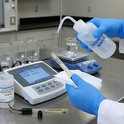 Laboratory technician cleaning a pH meter electrode with deionized water from a wash bottle, surrounded by buffer solutions, illustrating maintenance best practices.