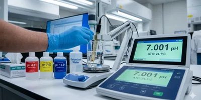 A lab technician uses a precision pH meter and automated dispenser to prepare a standardized buffer solution in a clean analytical chemistry laboratory.