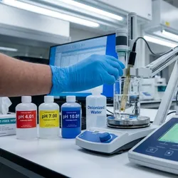 A lab technician uses a precision pH meter and automated dispenser to prepare a standardized buffer solution in a clean analytical chemistry laboratory.