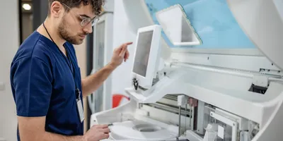 Laboratory technician using high-resolution mass spectrometry equipment