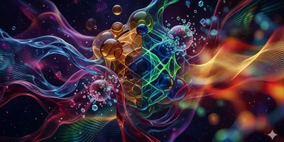 An abstract digital artwork representing molecular stability and chemical balance. The center features a geometric, crystalline structure made of glowing glass-like spheres in shades of amber, emerald, and deep blue. This central core is surrounded by flowing, ethereal ribbons of light and translucent particles that suggest movement and energy. The background is a dark, cosmic void filled with soft bokeh lights and delicate waves of color in a wide 16:9 cinematic aspect ratio.
