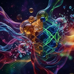 An abstract digital artwork representing molecular stability and chemical balance. The center features a geometric, crystalline structure made of glowing glass-like spheres in shades of amber, emerald, and deep blue. This central core is surrounded by flowing, ethereal ribbons of light and translucent particles that suggest movement and energy. The background is a dark, cosmic void filled with soft bokeh lights and delicate waves of color in a wide 16:9 cinematic aspect ratio.