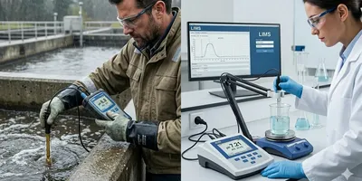 A split-screen comparison illustrating field versus laboratory wastewater testing.