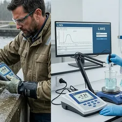 A split-screen comparison illustrating field versus laboratory wastewater testing.