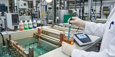 An industrial laboratory setting showing a technician in a white lab coat and gloves using a digital pH meter to measure the acidity of a chemical solution in a beaker.