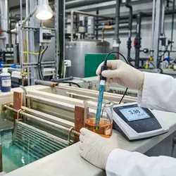 An industrial laboratory setting showing a technician in a white lab coat and gloves using a digital pH meter to measure the acidity of a chemical solution in a beaker.
