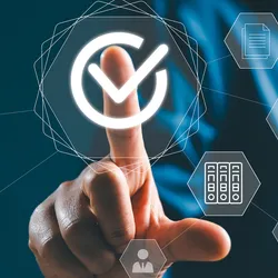 A person touching a digital checkmark icon, symbolizing corporate compliance, quality control and data governance