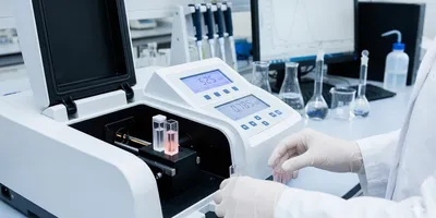 A laboratory professional in a white coat and gloves operating a modern UV-Vis spectrophotometer.