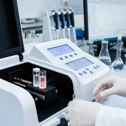 A laboratory professional in a white coat and gloves operating a modern UV-Vis spectrophotometer.