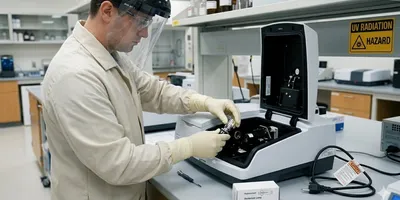 Lab technician performing safe UV lamp replacement in a spectrophotometer using protective gear to prevent ultraviolet radiation exposure.