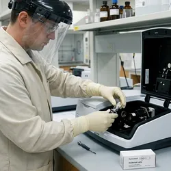 Lab technician performing safe UV lamp replacement in a spectrophotometer using protective gear to prevent ultraviolet radiation exposure.