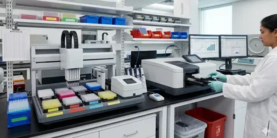 Optimized high-throughput laboratory automation showing a technician using an automated liquid handler and a microplate reader.