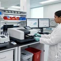 Optimized high-throughput laboratory automation showing a technician using an automated liquid handler and a microplate reader.