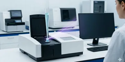 The image showcases the accurate measurement of a minute, precise 1 µL volume of nucleic acid solution being dispensed onto the pedestal of a modern micro-volume UV-Vis spectrophotometer in a busy drug discovery laboratory.