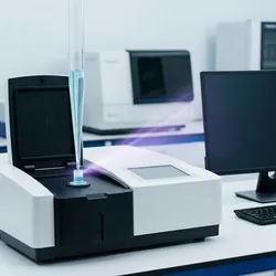 The image showcases the accurate measurement of a minute, precise 1 µL volume of nucleic acid solution being dispensed onto the pedestal of a modern micro-volume UV-Vis spectrophotometer in a busy drug discovery laboratory.