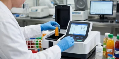 A lab technician uses a benchtop spectrophotometer for beverage colorimetry QA/QC.