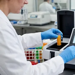 A lab technician uses a benchtop spectrophotometer for beverage colorimetry QA/QC.