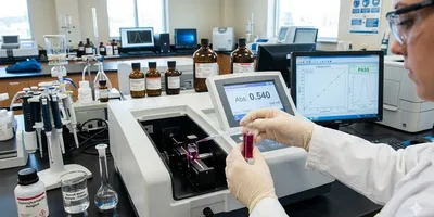 A detailed close-up photograph taken in a water analysis laboratory. An environmental lab technician, wearing safety glasses and gloves, is inserting a quartz cuvette filled with a distinct red-violet reacted sample into a benchtop double-beam UV-Vis spectrophotometer.
