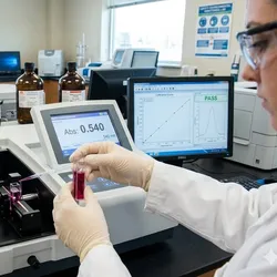 A detailed close-up photograph taken in a water analysis laboratory. An environmental lab technician, wearing safety glasses and gloves, is inserting a quartz cuvette filled with a distinct red-violet reacted sample into a benchtop double-beam UV-Vis spectrophotometer.