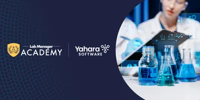 Lab Manager Academy and Yahara logos on navy blue background with image of laboratory beakers and scientist.