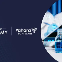 Lab Manager Academy and Yahara logos on navy blue background with image of laboratory beakers and scientist.