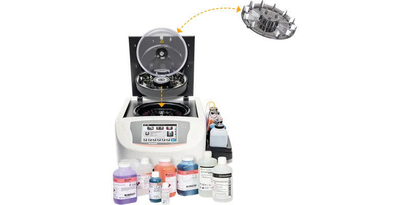 Bruker Aerospray slide stainer with Cytopro rotor and stain bottles.