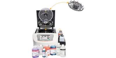 Bruker Aerospray slide stainer with Cytopro rotor and stain bottles.