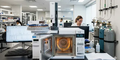 An interior, wide-angle shot of a modern, well-lit analytical chemistry laboratory. In the foreground, a Gas Chromatography (GC) instrument is the focal point, featuring an open column oven revealing a glowing copper-colored coiled column and a digital display showing status readings.