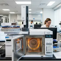 An interior, wide-angle shot of a modern, well-lit analytical chemistry laboratory. In the foreground, a Gas Chromatography (GC) instrument is the focal point, featuring an open column oven revealing a glowing copper-colored coiled column and a digital display showing status readings.