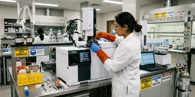Scientist wearing heat-resistant gloves performing maintenance on a gas chromatography system in a professional laboratory.