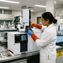 Scientist wearing heat-resistant gloves performing maintenance on a gas chromatography system in a professional laboratory.
