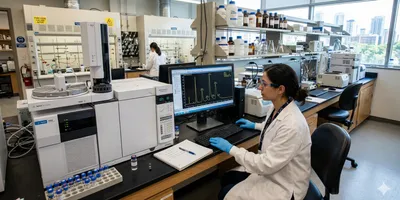 Scientist analyzing gas chromatography (GC) chromatogram peaks with tailing on a computer monitor in a modern analytical chemistry laboratory.