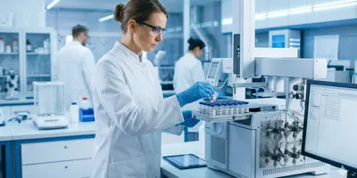 Lab technician loading headspace vials into an automated gas chromatography system for residual solvent analysis.
