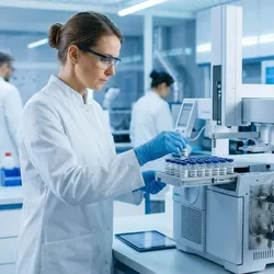 Lab technician loading headspace vials into an automated gas chromatography system for residual solvent analysis.