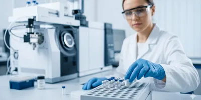 A laboratory technician in PPE loading sample vials into a gas chromatography autosampler for food testing.