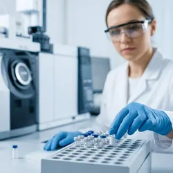 A laboratory technician in PPE loading sample vials into a gas chromatography autosampler for food testing.