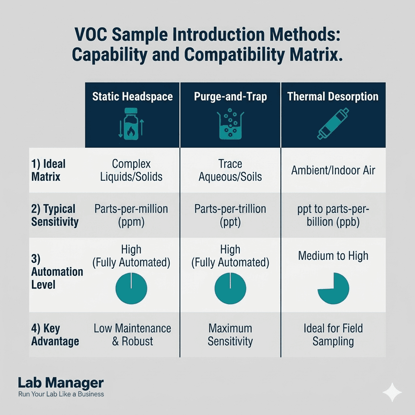 An infographic matrix titled "VOC Sample Introduction Methods: Capability and Compatibility Matrix" comparing three techniques across four parameters. An infographic matrix titled "VOC Sample Introduction Methods: Capability and Compatibility Matrix" comparing three techniques across four parameters.