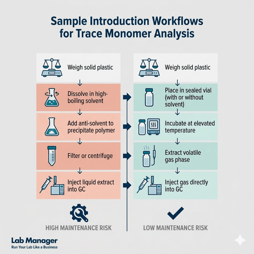 An infographic comparing two sample introduction workflows for trace monomer analysis. It shows that a multi-step liquid extraction method carries a high maintenance risk, whereas a streamlined Headspace-GC method carries a low maintenance risk.