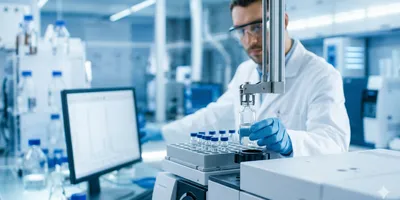 Analytical chemist in modern lab loading sample vial into automated headspace gas chromatograph.