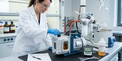 A technician performing maintenance on an oil-sealed rotary vane vacuum pump in a laboratory, showing the clear oil sight glass, gas ballast valve, and a connected cold trap for protection.