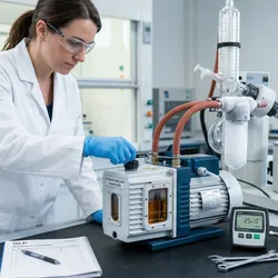 A technician performing maintenance on an oil-sealed rotary vane vacuum pump in a laboratory, showing the clear oil sight glass, gas ballast valve, and a connected cold trap for protection.