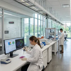 Three researchers working in a safe electrical lab environment.